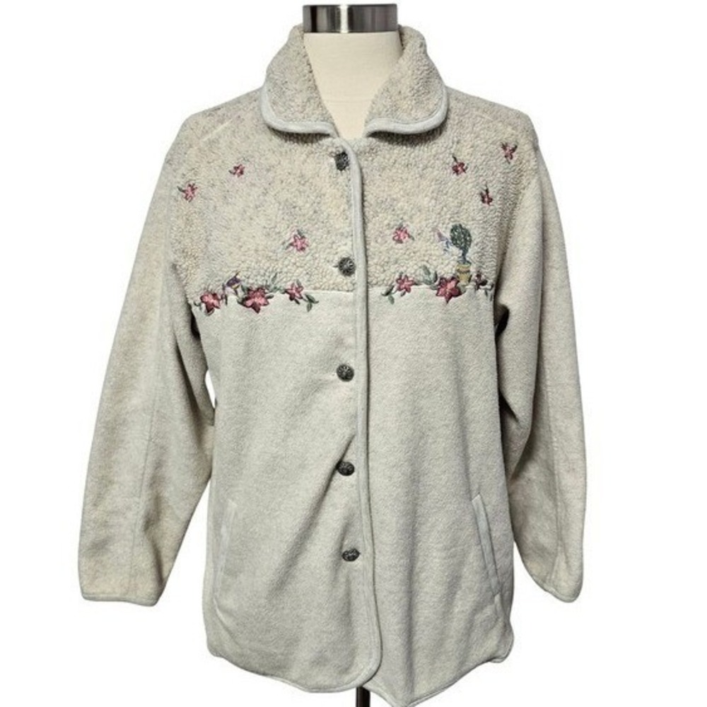 Northern Reflections Embroidered Fleece Jacket Women's Medium‎ Beige Bird Floral